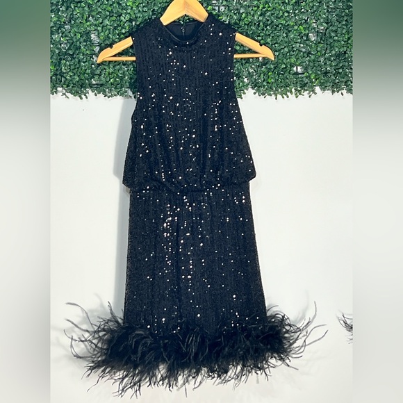 Eliza J Dresses & Skirts - Eliza J Black Sequined Mini Cocktail Party Feather Bottom Dress Size 4